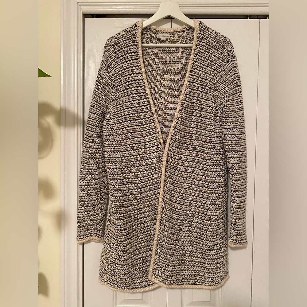 L. L. Bean Signature Cotton Linen Knit Black and Cream Open-Front Cardigan Sz L
